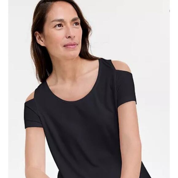 MICHAEL Michael Kors Womens Black Cold Shoulder Short Sleeve Top Sz Large - Picture 1 of 8